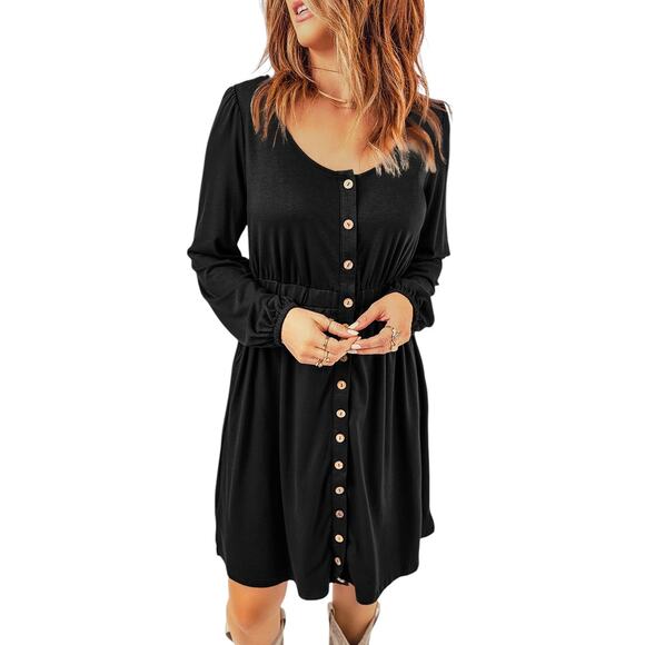 Black Button Up High Waist Long Sleeve Dress New Sizes S, M. L, XL, 2XL - Picture 9 of 12